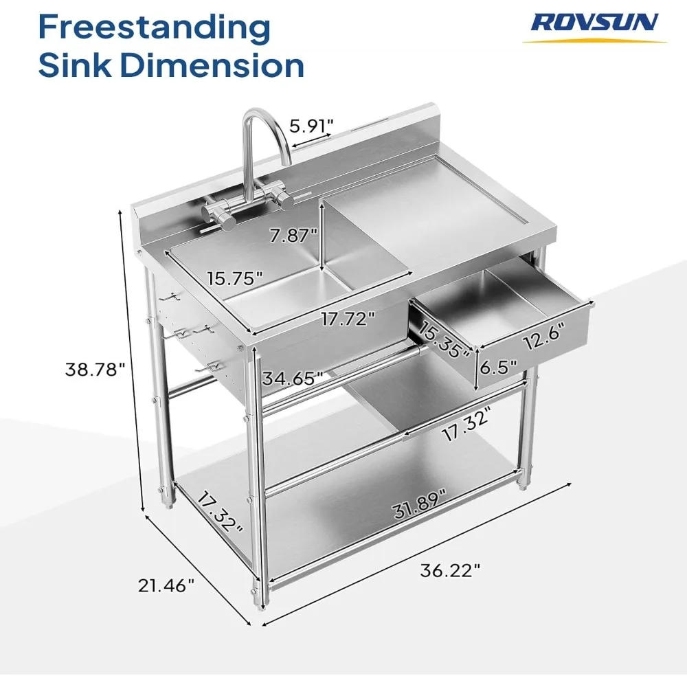 Rust-Resistant Utility Sink with Spacious Bowl, Smooth-Glide Drawer & Side Hooks