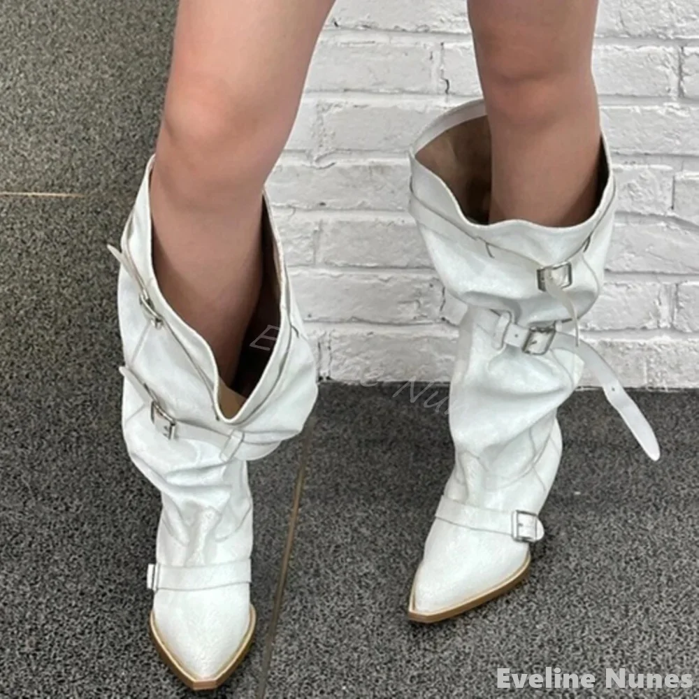 2025 New White Pleated Western Cowboy Boots Women Pointed Toe Chunky Heel Belt Buckle Slip On Long Boots New Retro Leather Boots