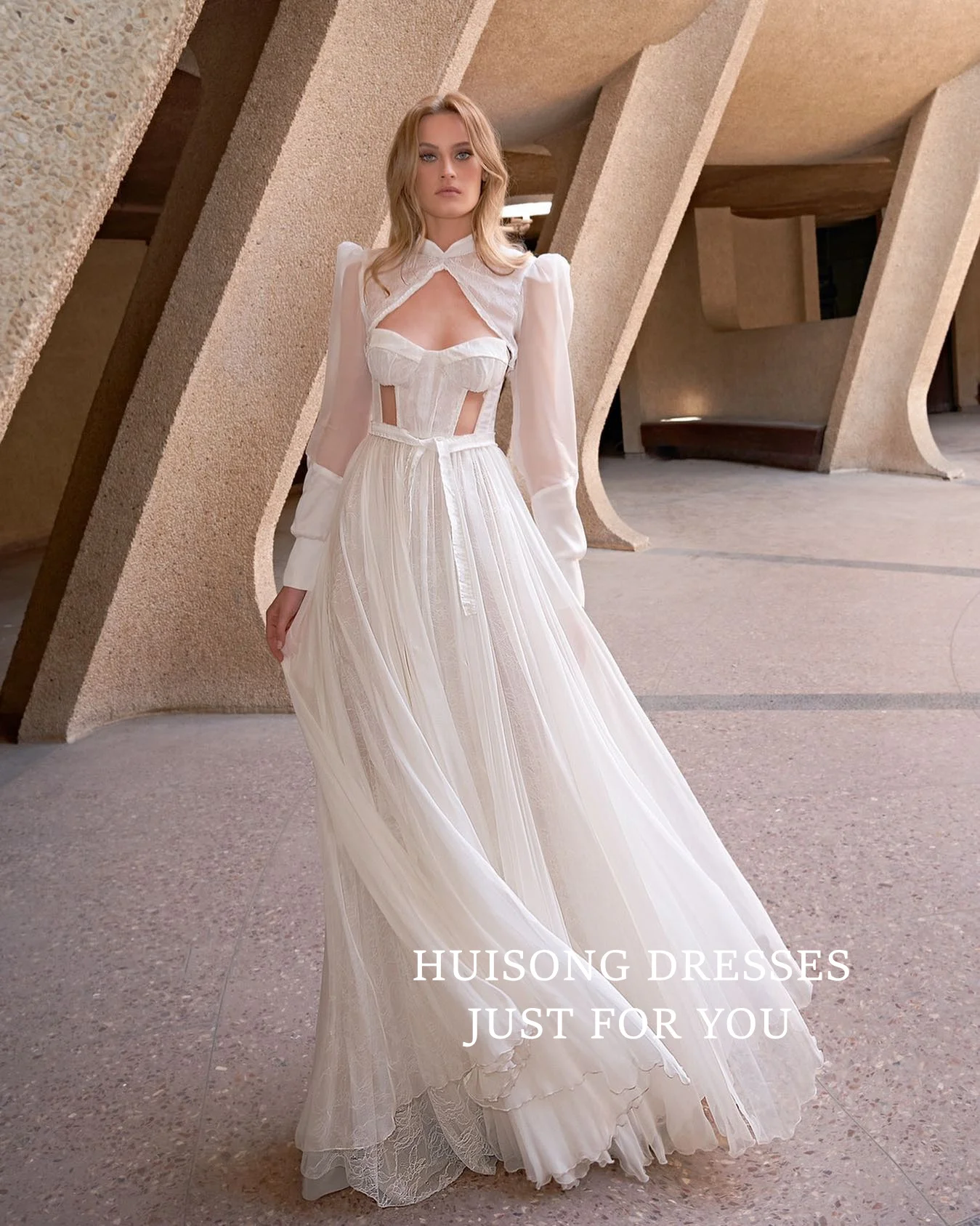 

HUISONG Customized Boho Chiffon Wedding Dresses Long Sleeves A-Line Beach Bridal Gown שמלת כלה
