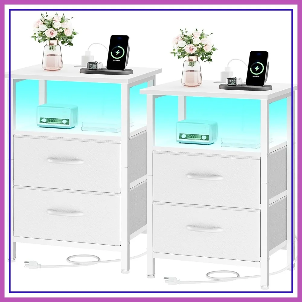 

Nightstand Set of 2 with Charging Station, LED Lights, 2 Drawers, 24.2" Tall, White