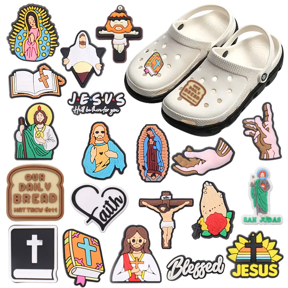 Mix 50pcs PVC Shoe Charms Jesus He'll Be There For You San Judas Blessed Garden Shoes Button Decorations Slipper Accessories 