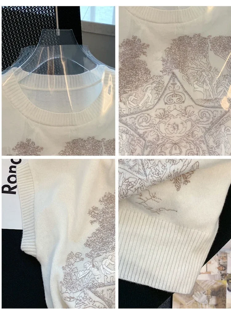 Summer White Knitted T-shirt Short Sleeve Knit Pullover Women Thin Sweater Print Design Tees Harajuku Tshirt Tops Women Clothing