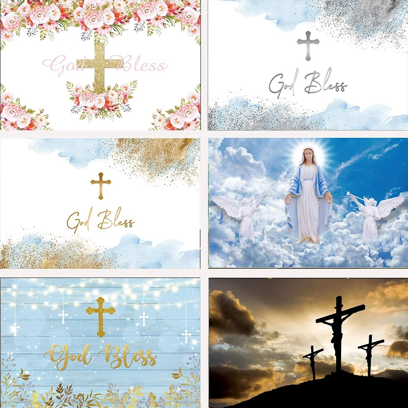 God Bless Backdrop First Communion Baptism Decorations Background Gold Glitters Eucalyptus Green Leaves Baby Shower Banner