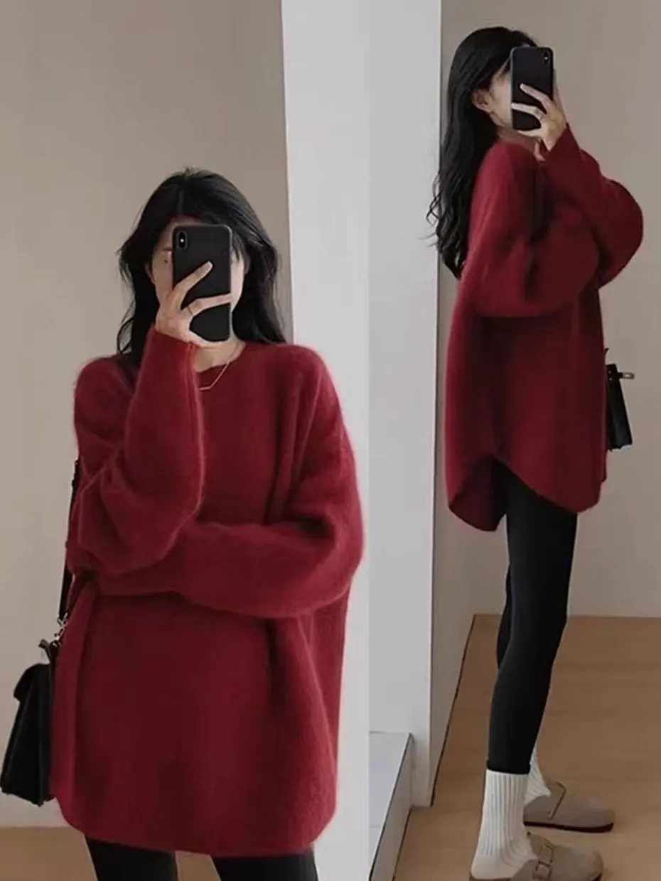 

Red Mid-Length Loose Knitted Sweater Women's Autumn Winter Lazy Style Butt Covering Bottom Disappearing Loose Top