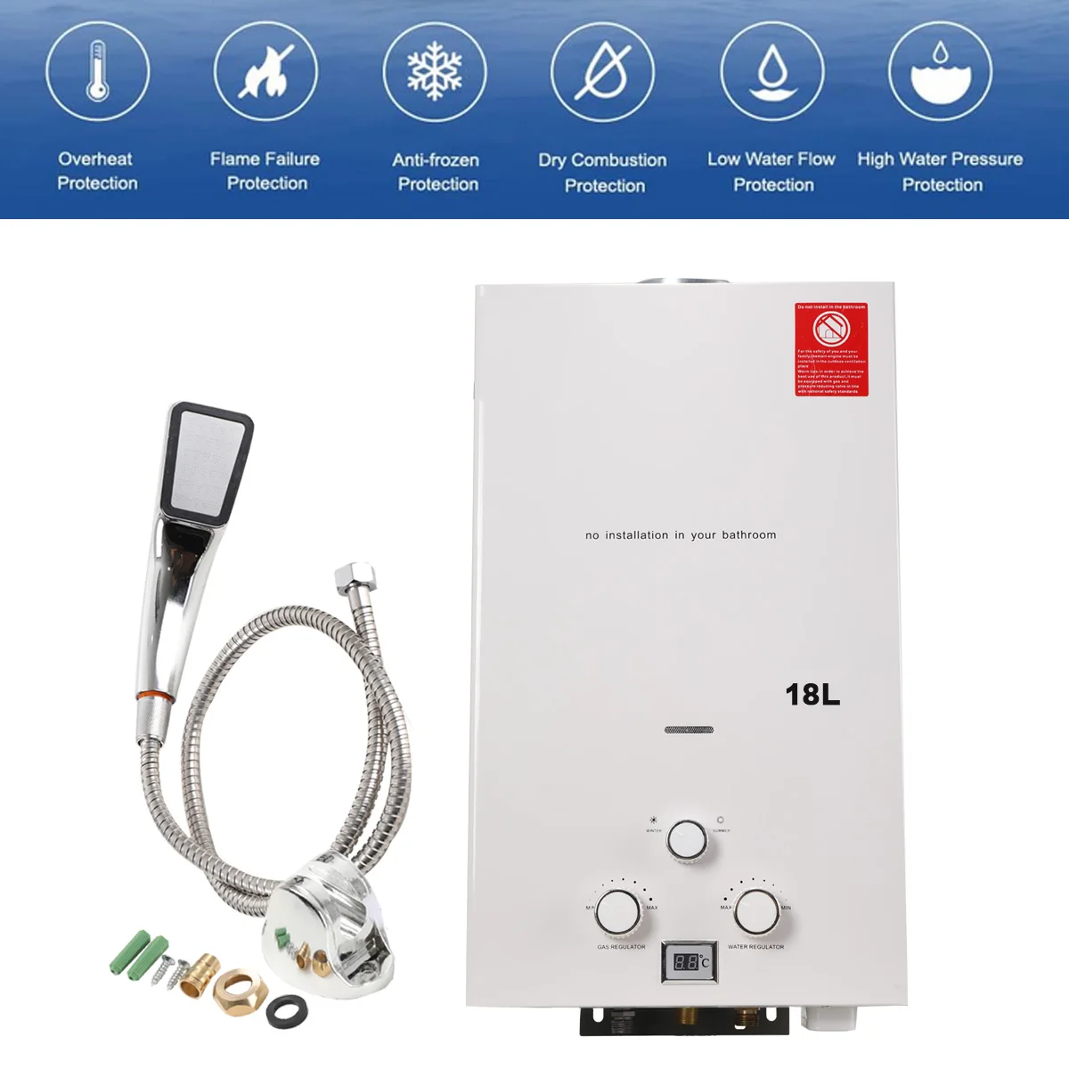 18L LPG Propaangas Boiler Draagbare Tankless Instant Boiler Met Douchekop Kit Digitale Display Wandmontage