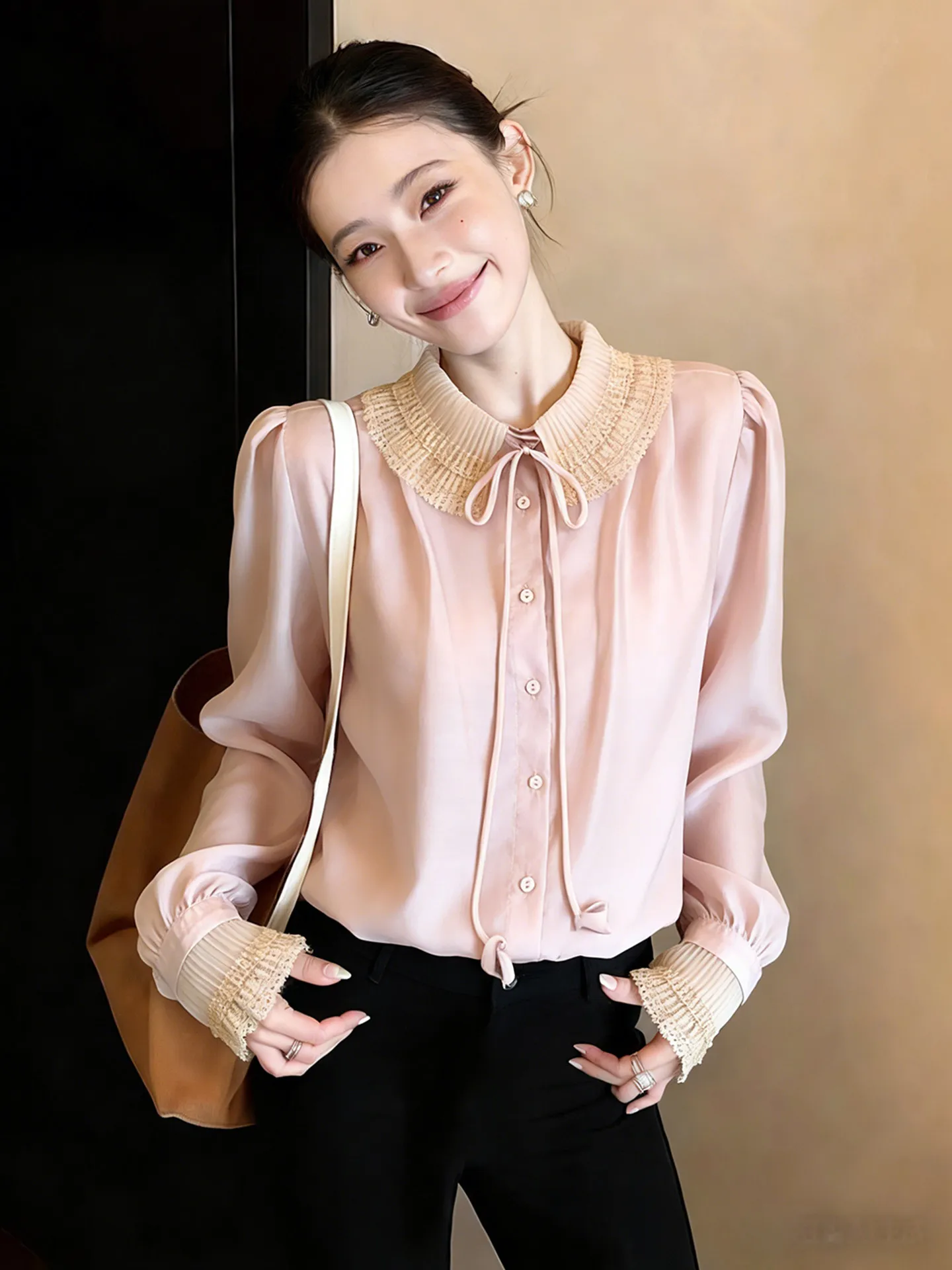 

Pink Lace Plaid Bow Tie irt Women's Ele Beau Spring High Sense Korean Sle Commute Long Sve Collarl Blouse