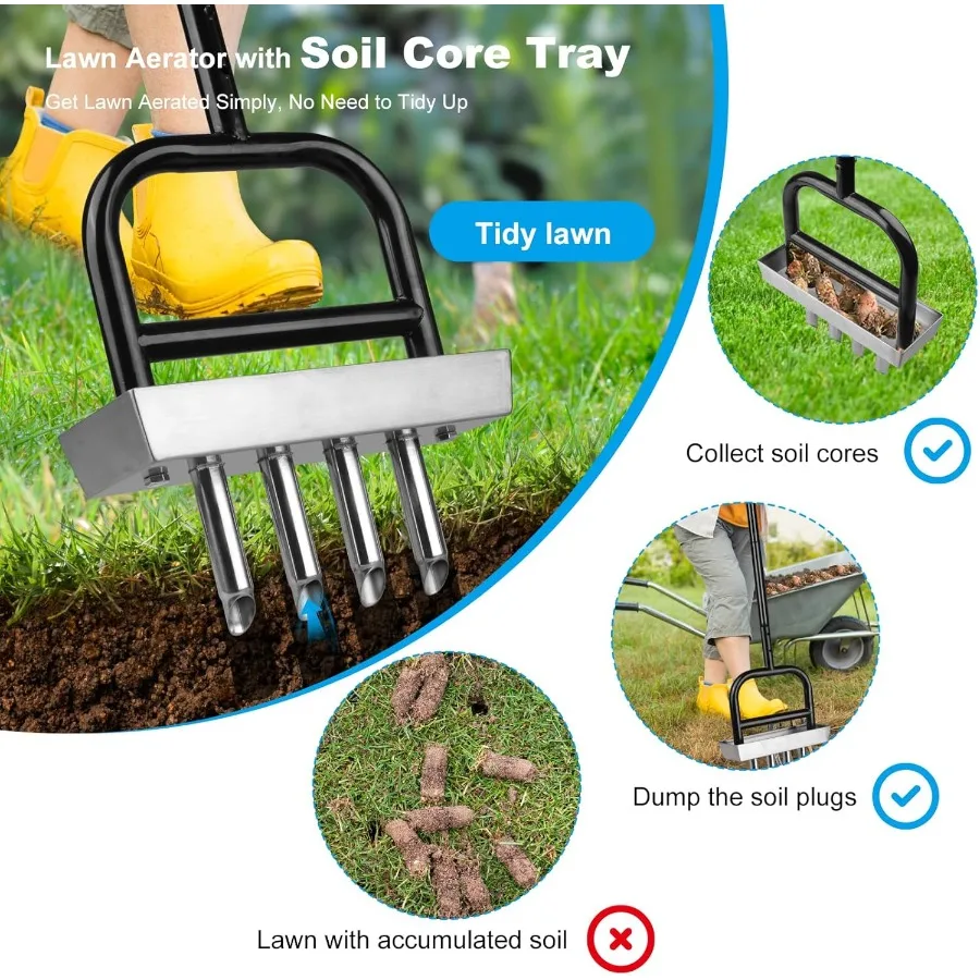 Arejador manual de gramado com bandeja de núcleo de solo para quintal, cuidados com o gramado, 4 núcleos de aço inoxidável, aerador para aeração de grama, ga resistente