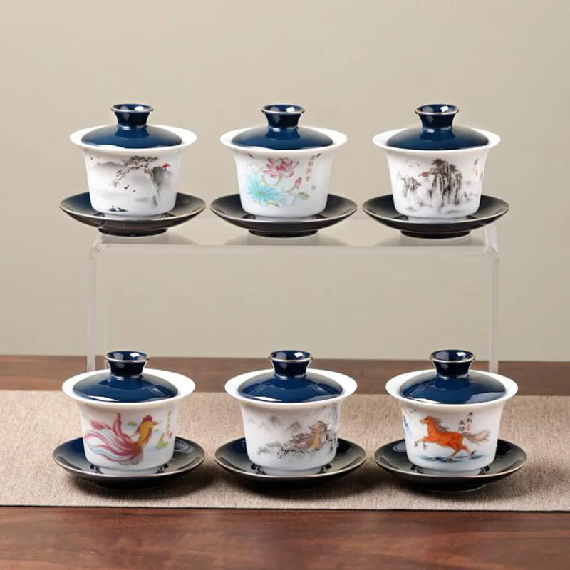 White Jade Porcelain Tea Tureen Gold Edge Respect Tea Cup Infuser Bowl Kungfu Tea Set Kitchen Drinking Accessories