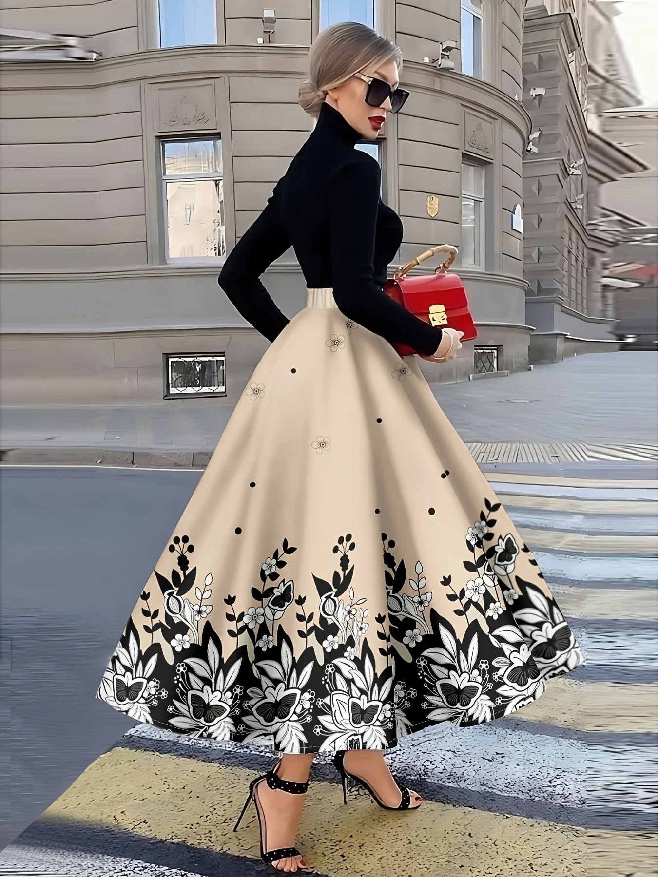Printed Design Four Seasons Flower Black and White Pattern Holiday Style Half Skirt