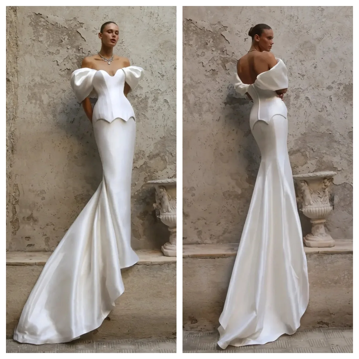 Off The Shoulder Satin Mermaid Wedding Dress Sweetheart Neckline Corset Bodice Asymmetrical Train Modern Bridal Gown Customiza
