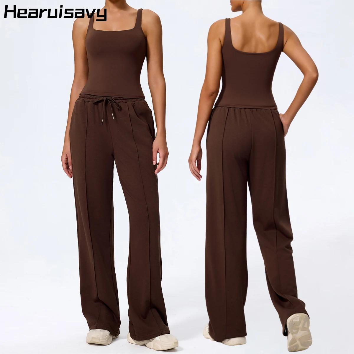 

Hearuisavy Gym Running Sports Bra Set 2Pcs Women Square Neck Tight Yoga Tank Top Straight Fit Drawstring Pocket Fitness Pants