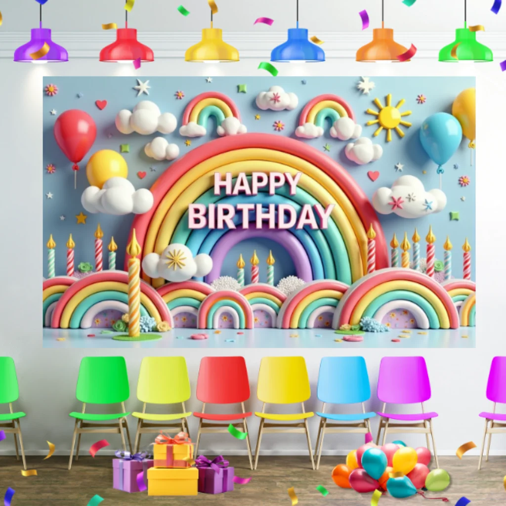 Colorful Balloon Rainbow Theme Happy Birthday Party Decoration Baby Shower Photography Backdrop For Outdoor And Home Celebration