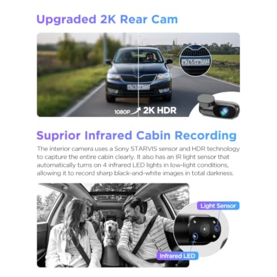 A229 Pro 4K 3CH Dash Cam HDR for Front and Rear and Inside with STARVIS 2 4K+2K+1080P 3 Channel Dash Cam, IMX678 and IMX675 STA view 4