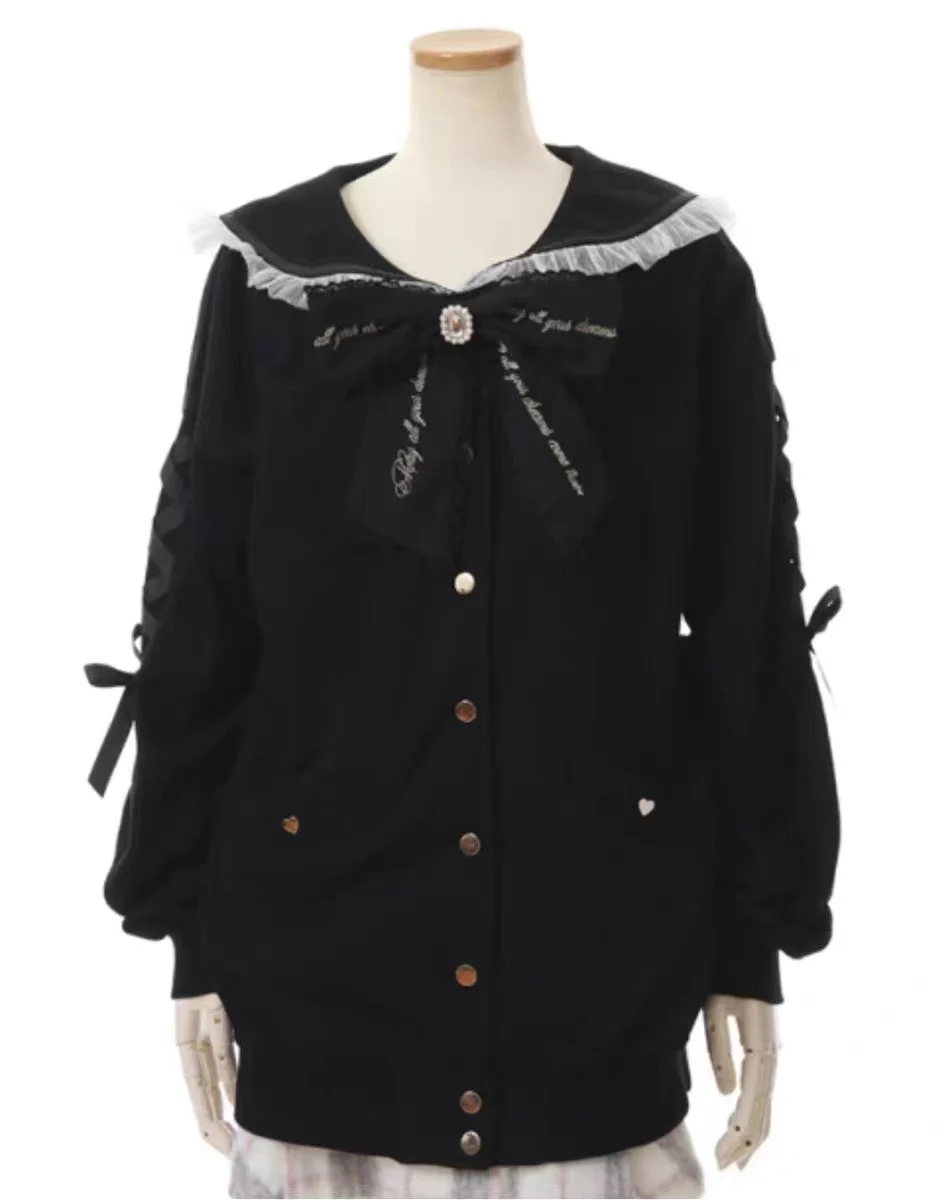 Japanese Liz Jackets Women Mine Mass-Produced Sailor Collar Ribbon Bow Hoodies Women Autumn Sweet Y2K Cute Oversized Sweatshirt