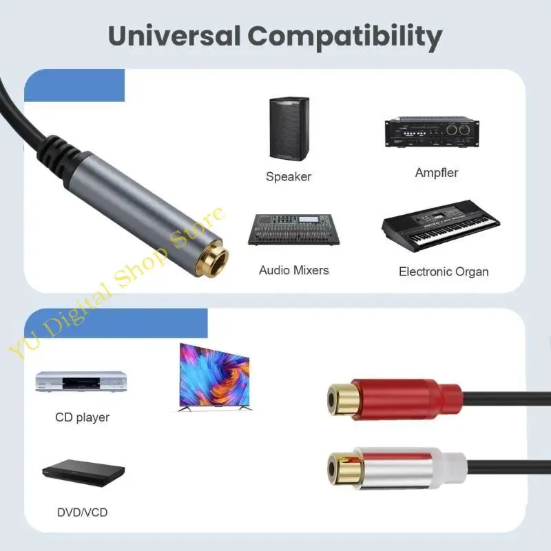 

96BA Female 6.35mm to 2RCA Female Y Splitters Adapters Cord Line Extension Cable