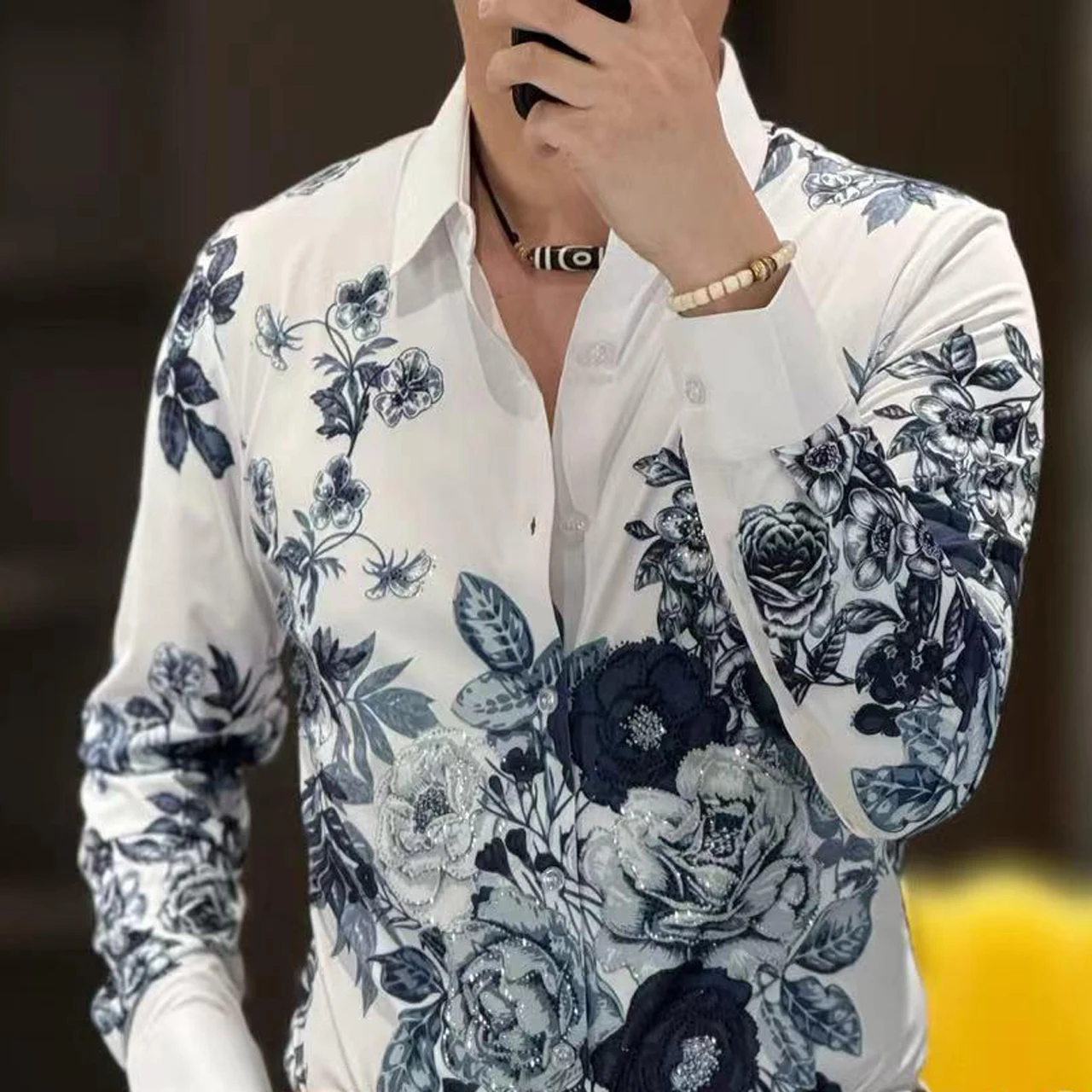 

Business Formal Dress Shirt Streetwear Retro Blue Floral Rhinestones Shirt Long Sleeve Shirt European Style Social Party Tuxedo