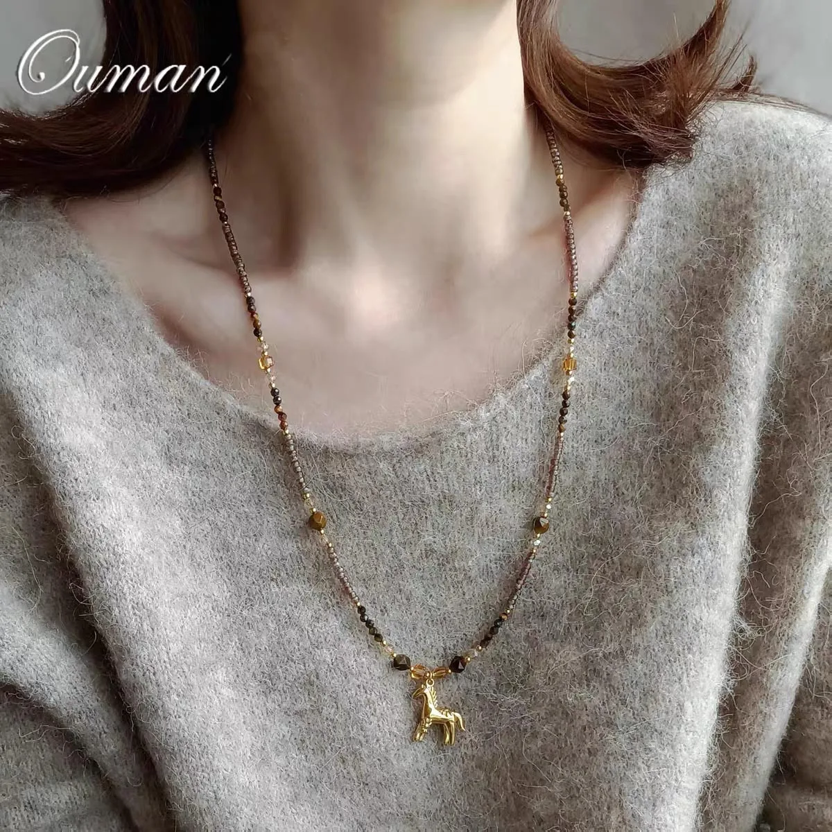 2026 spring summer Jewelry Bohemian style Ancient beads handcraft long necklace with stainless steel horse pendant woman gift