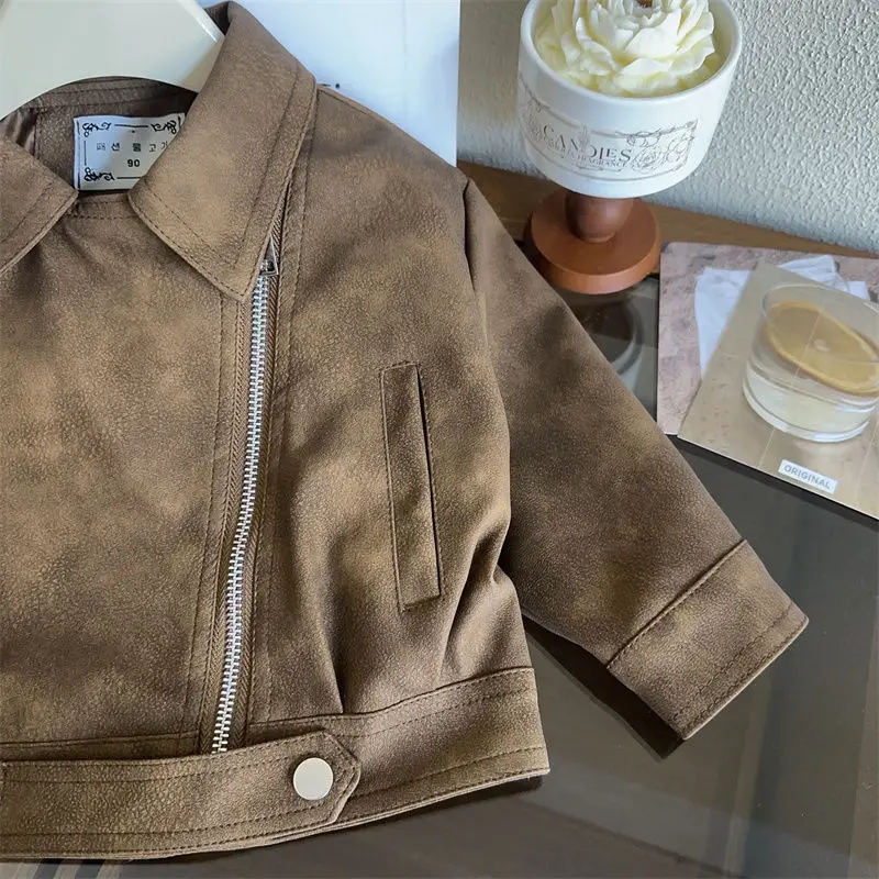Children\'s Coats Korean Version Leather Jacket Vintage Biker Wear with Loose Lapels for Kids Baby Girl Winter Clothes