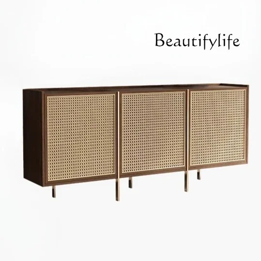 

Medieval style entrance walnut side cabinet retro rattan decorative cabinet entrance foyer against the wall side cabinet