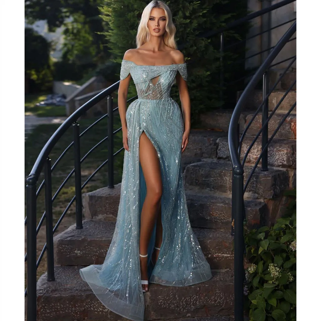 Blue Sexy Mermaid Evening Dresses Sleeveless BateauSequins Appliques Lace Off Shoulder Side Slit Shiny Prom Dresses Custom Made