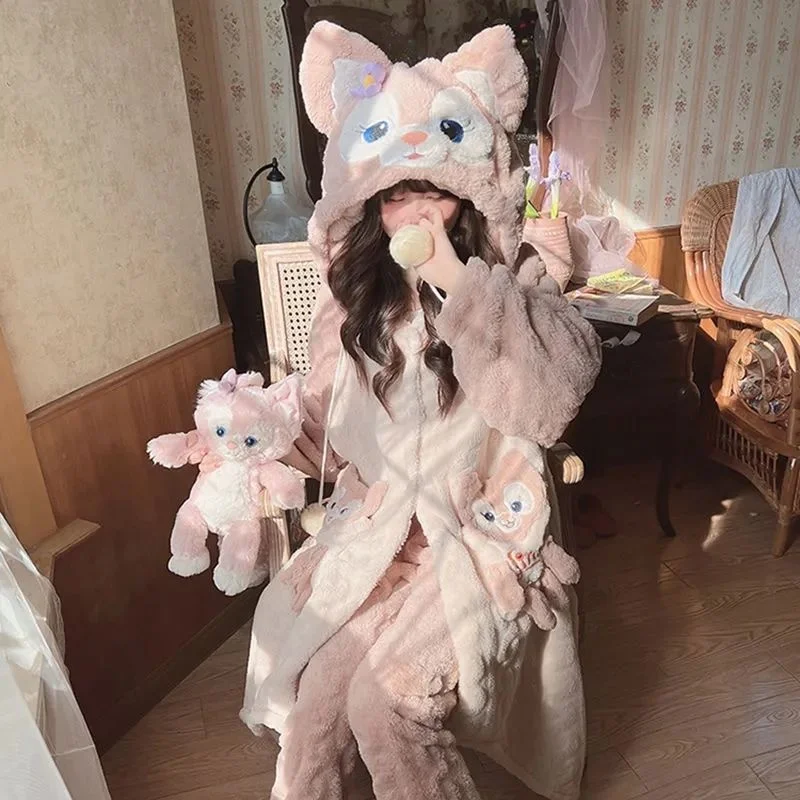 Thicker Women\'S Pajamas Warm Sweet Hooded Nightgown Winter Flannel Disney Linabell Losto Sanrio Kuromi Cinnamoroll Cute Pajamas