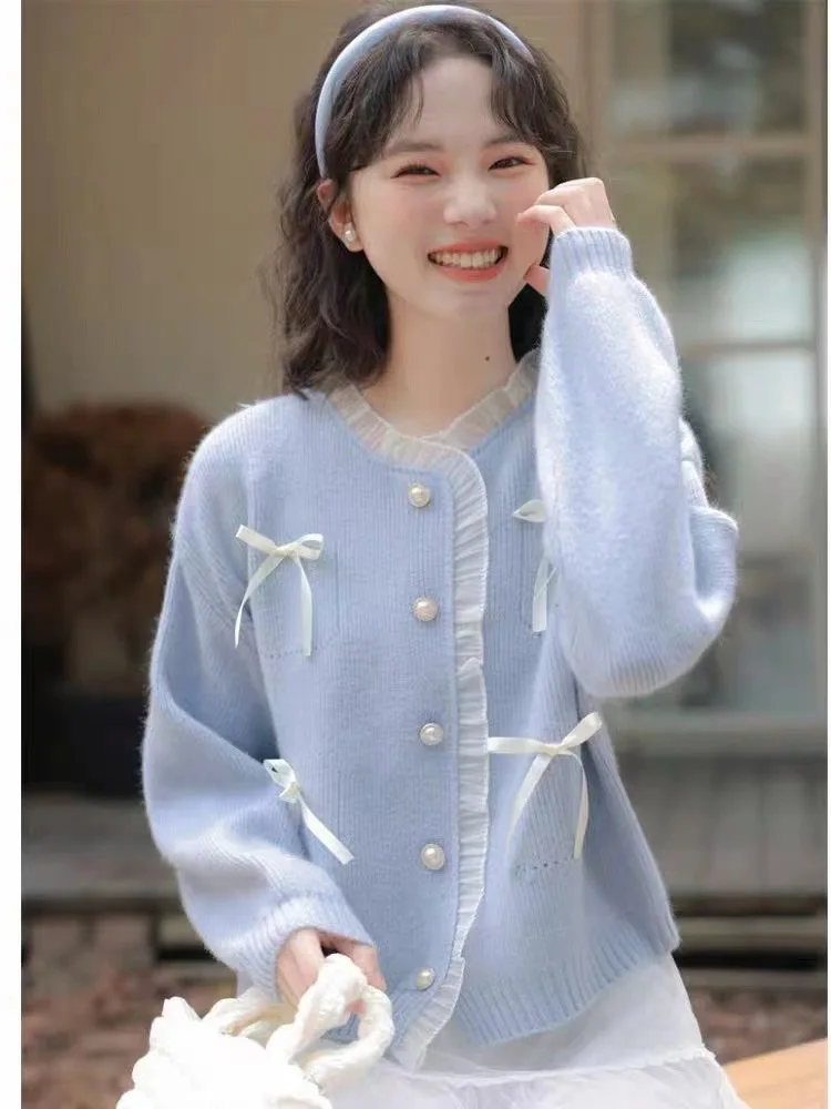 2024 Autumn Winter Women Long Sleeves Cardigan Sweet Lace Patchwork Ruffled Collar Bow Loose Knitted Cardigan Outwear