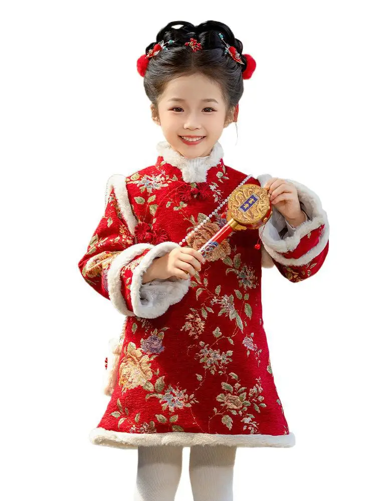 Hanfu Girls\' New Year\'s Greetings, Children\'s Chinese Style Tang Winter Clothing, One Year Old Cheongsam Skirt,  New Year Baby