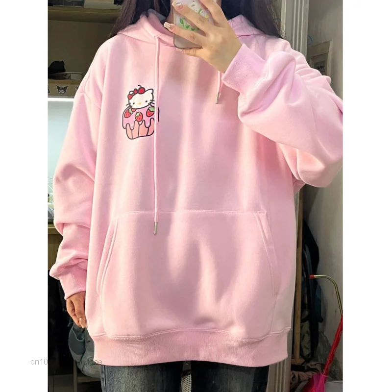 Sanrio Hello Kitty New Pink Hoodies Y2k Cartoon Print Sweet Clothes Women Pullovers Korean Fashion Sweatshirt Female Tops Hooded