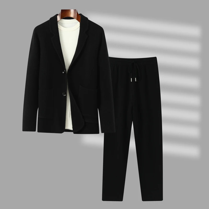 Fashion Suit Autumn Winter 100% Goat Cashmere High Quality Sweater Trousers Men Tops and Pants Two-Pieces Male Knitwear Clothing