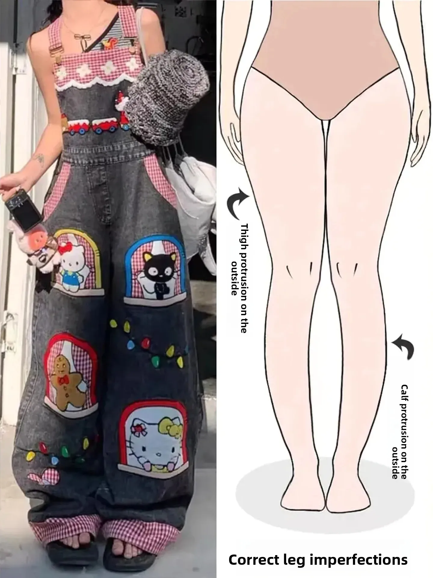 

American Retro Cartoon Design Denim Overalls Women's Pear Shape Body High Street Versatile One-Piece Pants Casual Straight Le...