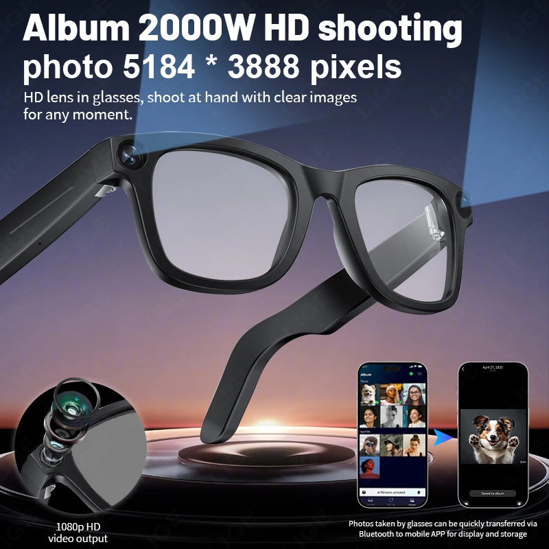 LIGE New 800W Pixels Camera AI smart glasses 32GB Memory 1080P Video Shoot Wireless Transmission AI Translation Smart Sunglasses