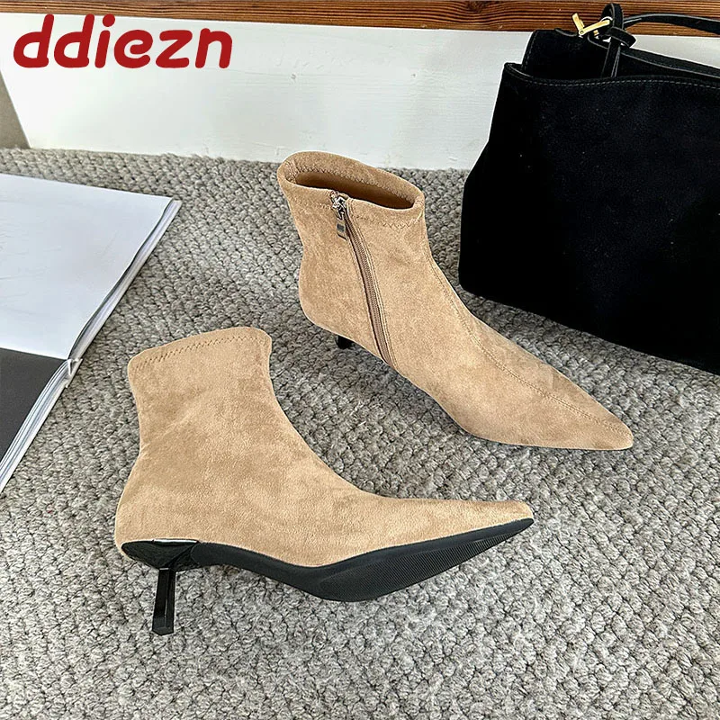 أزياء قطيع النساء حذاء من الجلد الإناث متوسطة الكعب الأحذية أشار تو السيدات قصيرة تمتد الأحذية مع سحابات الأحذية #2