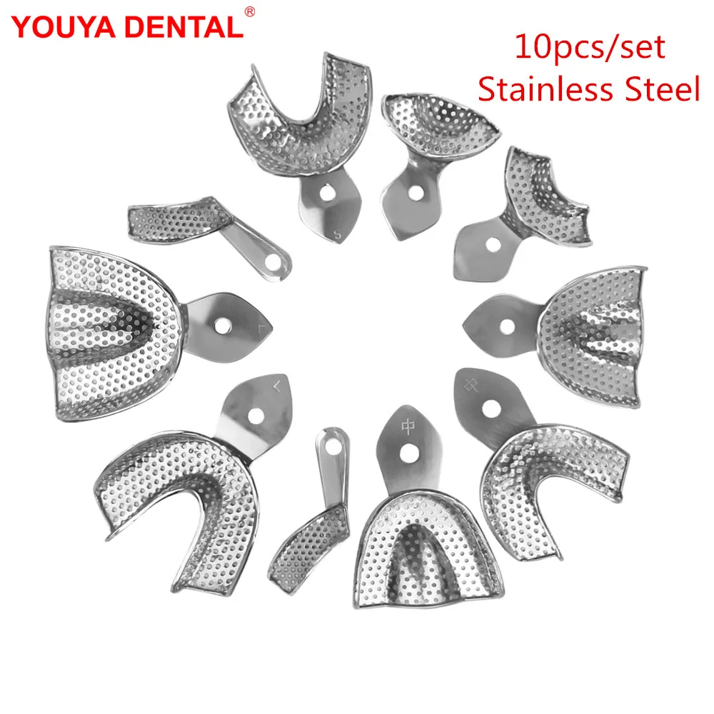 10pcs Dental Impression Trays Stainless Steel Set Dentist Autoclavable Metal Teeth Tray Holder Denture Instrument Dentistry Tool