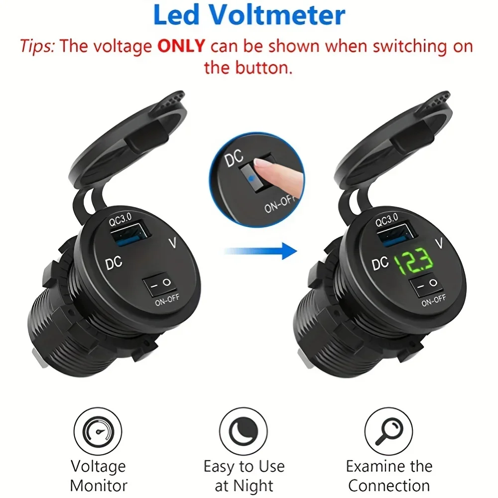 QC3.0 USB carro carregamento soquete com interruptor, Digital Display voltímetro, soquete impermeável, adequado para carros, motos, barcos