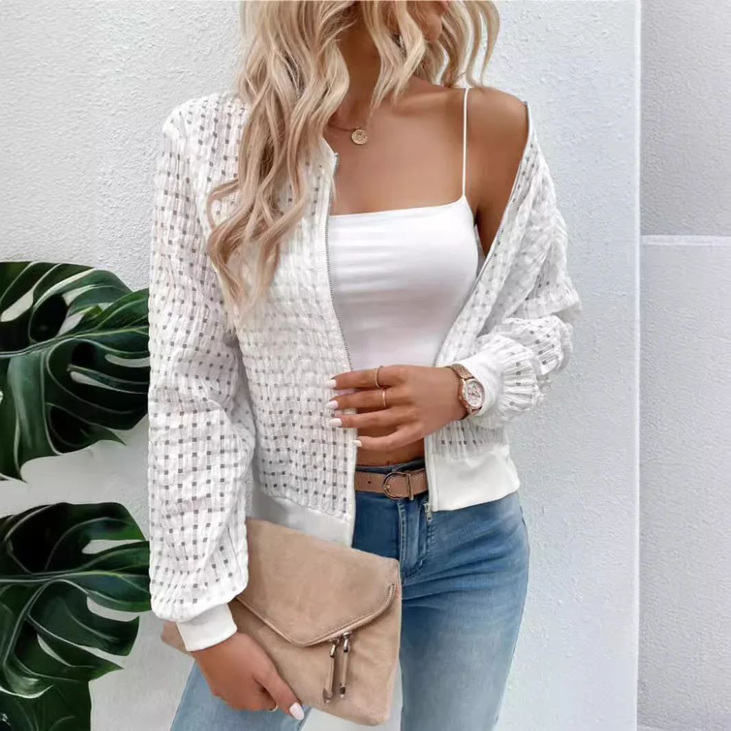 

Ladies White Thin Coat 2024 Autumn New Women's Casual Long Sleeve Zipper Decorative Grid Round Neck Cardigan Printed Jacket Coat