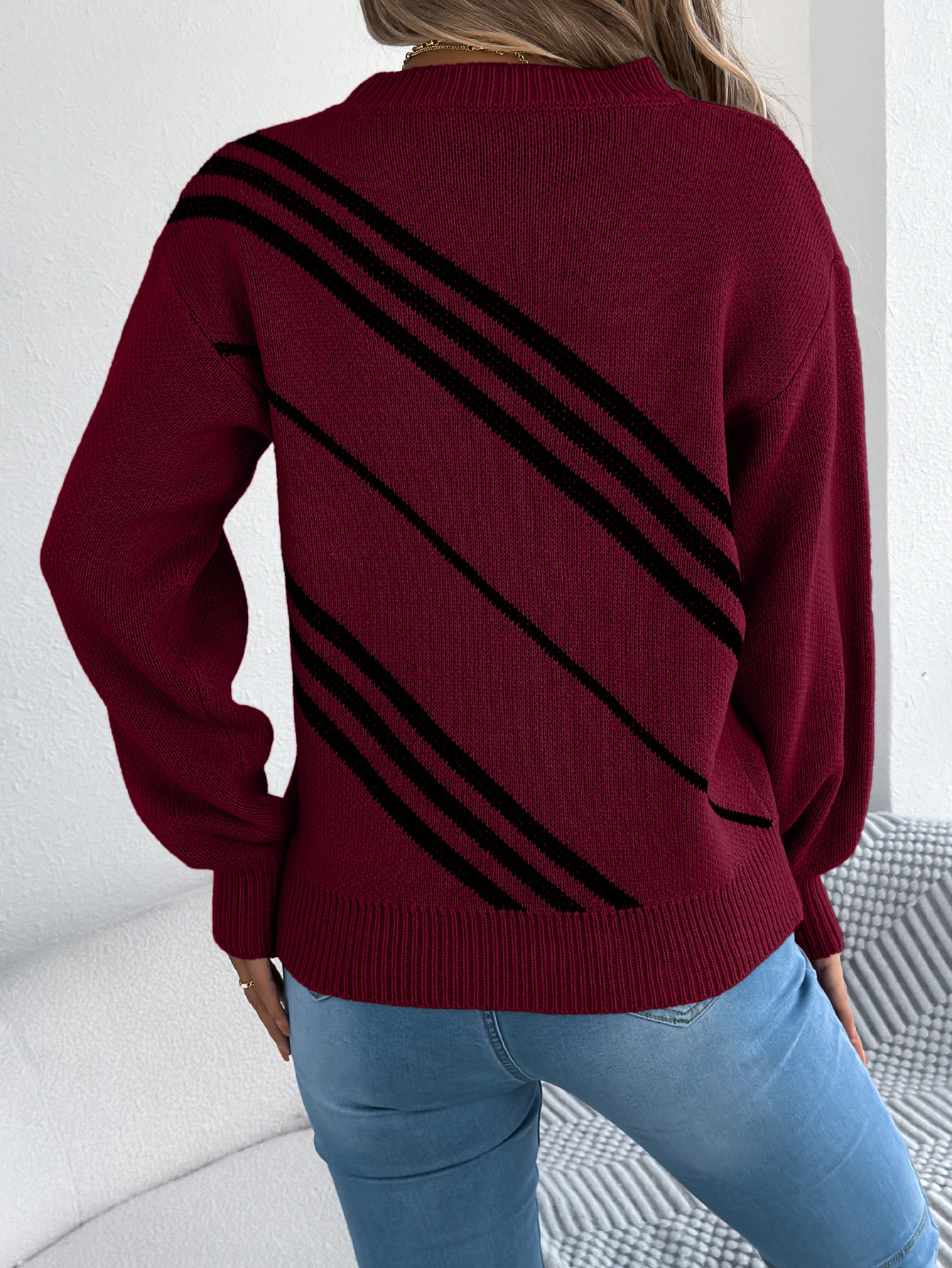 Women's Twill Texture Sweater Color Block Round Neck Long Sleeve Cabin Core Knit Winter Vacation Pullover Tops