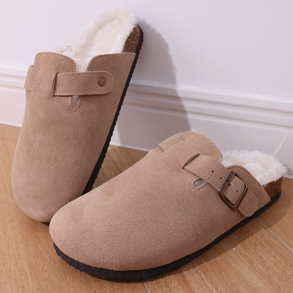 Crestar Fur Suede Clogs For Women Winter Fashion Cork Footbed Mules Slippers Outdoor Short Plush Warm Potato Shoes zuecos mujer