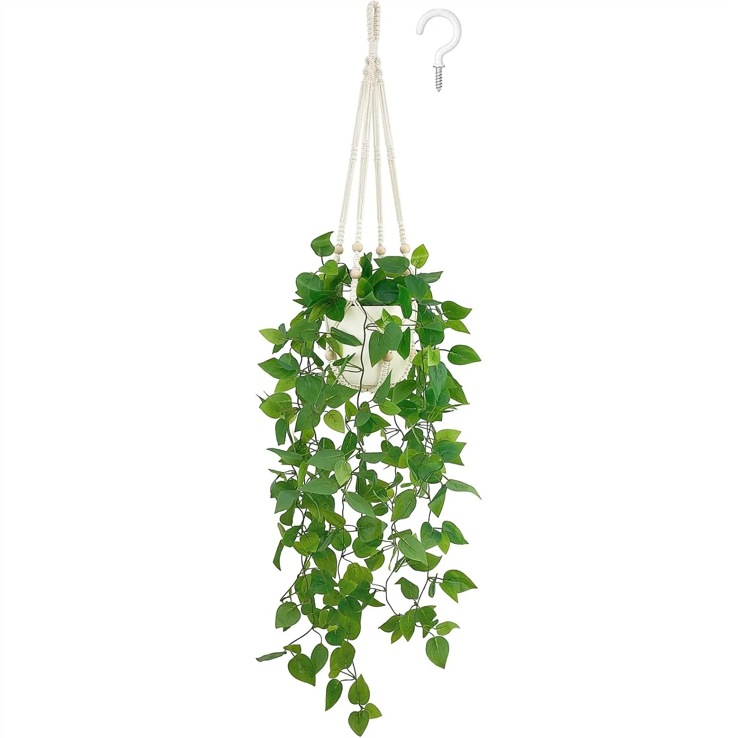 

Artificial Hanging Plant with Pot, Faux Pothos for Home Decor Indoor Macrame Plant Hanger for Bedroom Bathroom Kitchen Office