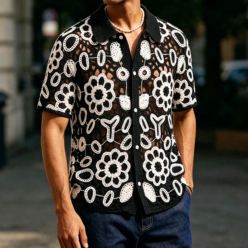 Fashionable Transparent Hollow Out Shirts Men Sexy See Through Florals Crochet Knit Shirt Summer Mens Casual Short Sleeve Shirts