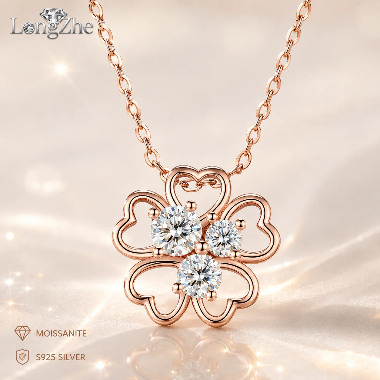 0.5CT Moissanite Heart Pendant Necklace for Women S925 Sterling Silver Rose Gold Plated Clover Fine Jewelry D Color VVS1