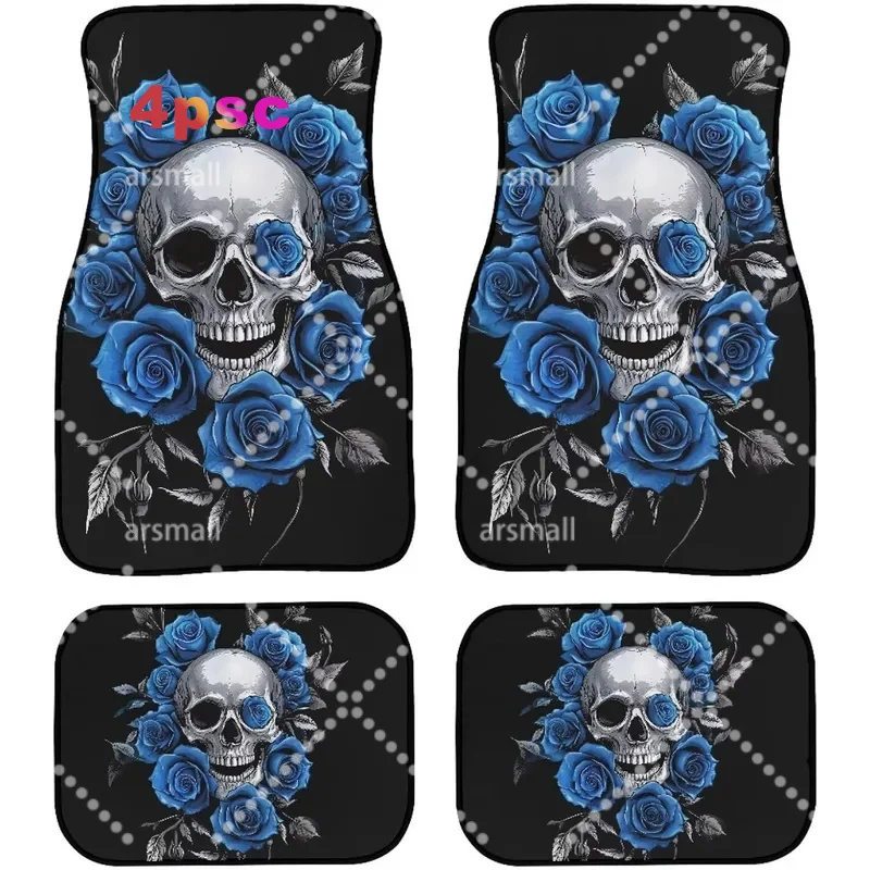 Set Of 4 Blue Rose Skull Auto Floor Mats For Cars, Vans, Trucks, And Suvs, Featuring A Rubber Backing And Designed To Fit Most V