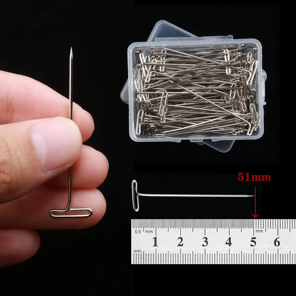 50/100 szt. Długie szpilki T srebrne do peruk, do tworzenia/perukowania/perukowania na głowie manekina, szpilki T 38/51 mm, igły do stylizacji fryzur w salonie