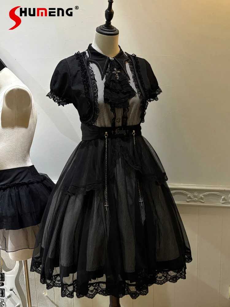 

Original Subculture Black Gothic Lolita Dress for Women Japanese Girl's Gauze Stitching Fake Two-Piece Slim Striped OP Dresses