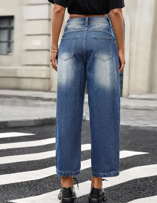 

2025 Washed Vintage Jeans Straight Leg Loose Cropped Pants for Women, Fashionable High Street Style Low Waist Straight Leg Jeans