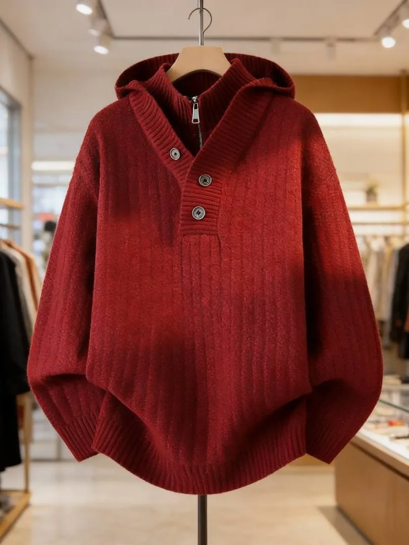 

Красная вязаная толстовка с капюшоном, мужская свободная модная верхняя одежда на осень-зиму, повседневная, на молнии, из мягкого материала