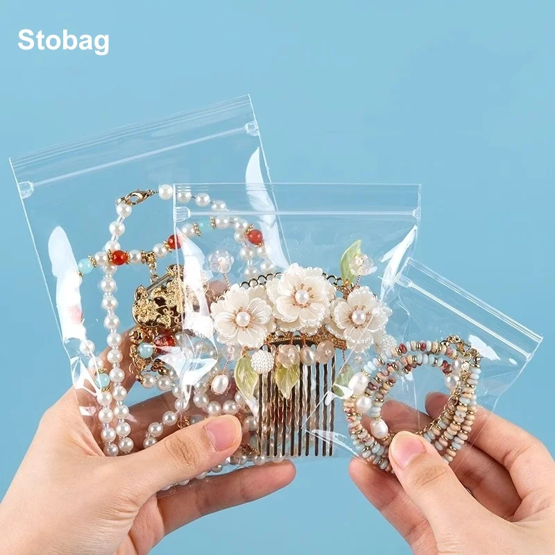 StoBag 100pcs PP Transparent Jewelry Packaging Bags Ziplock Self-sealing Plastic Small Earrings Bracelet Storage Pouch Portable