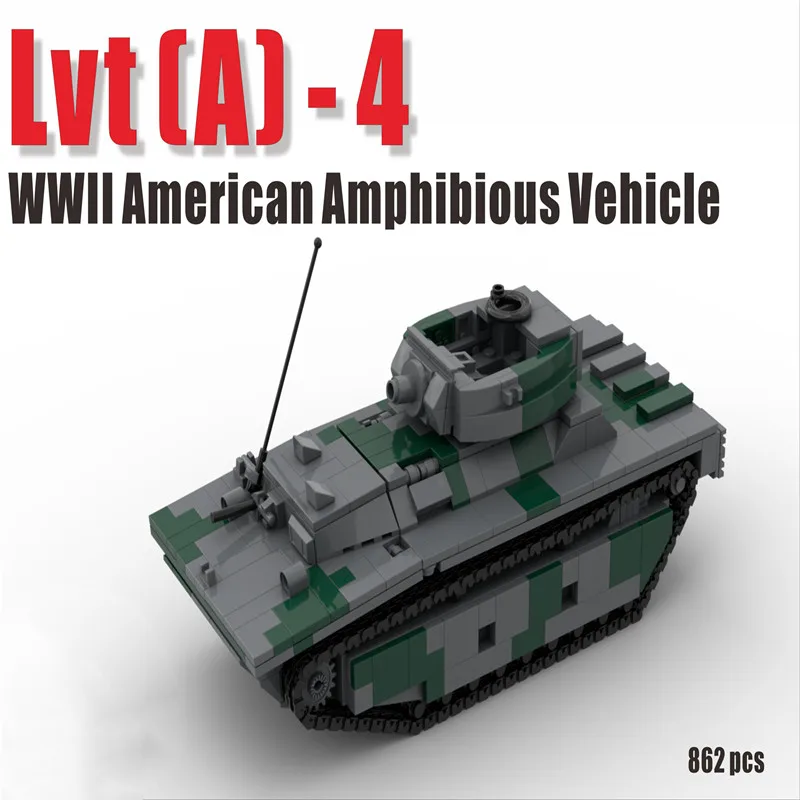 Compatible WWII US Army LVTA4 Amphibious Fighting Vehicle Tank The Pacific Ocean Military Building Blocks Moc Assembly Kids Toys