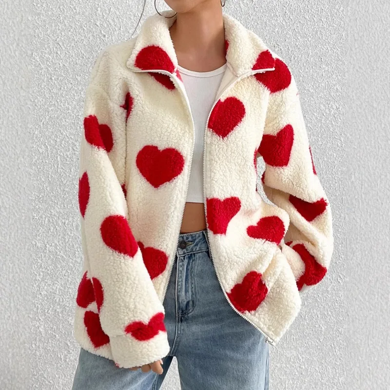 

Women's Plush Love Heart Print Cardigan Loose Fit Long Sleeve Zip Up Loungewear Cozy Fleece Jacket Casual Autumn Top Sweet Warm