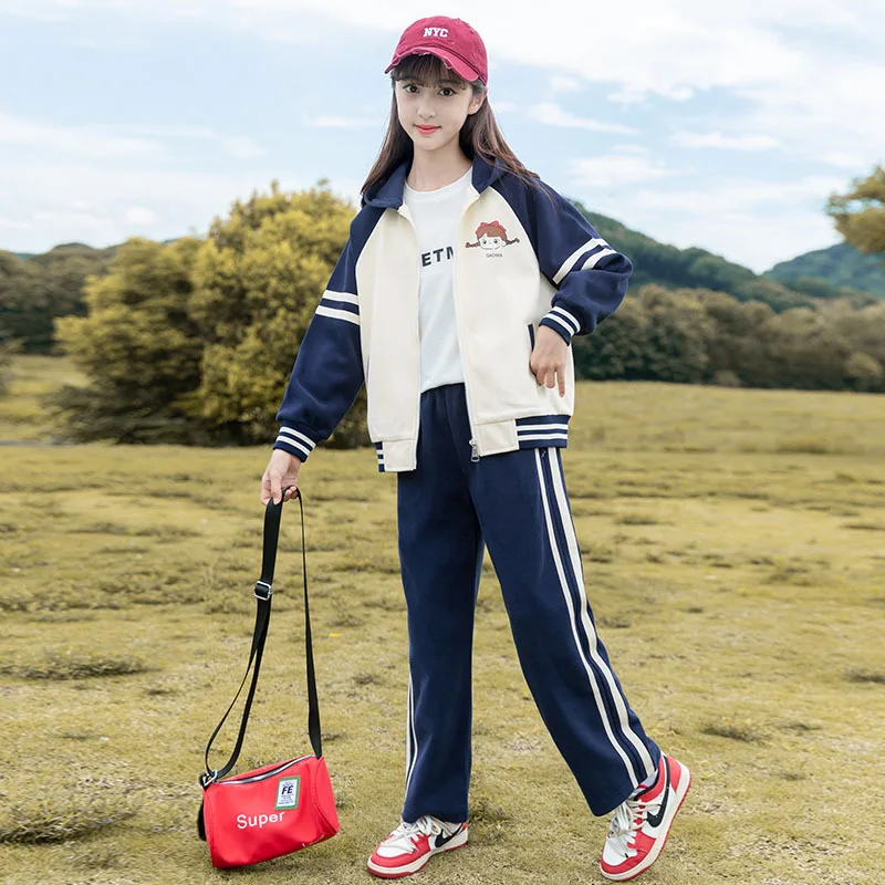 

2025 Korean Autumn Kids Girl 2pcs Sport Suit Junior Girl Contrast Coat+Striped Straight Pants Child Jogger Workout Set 5-14Yrs