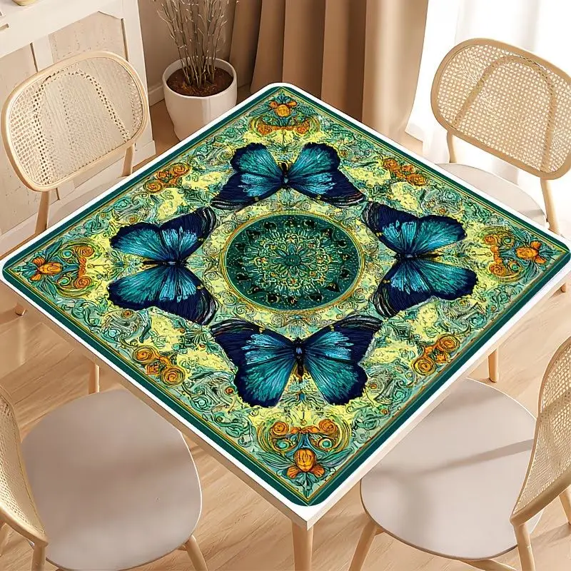 Retro Bohemian Blue Butterfly Mandala Mahjong Table Mat Anti-Slip Noise Reduction for Card Game Table Playing Room Home Decor